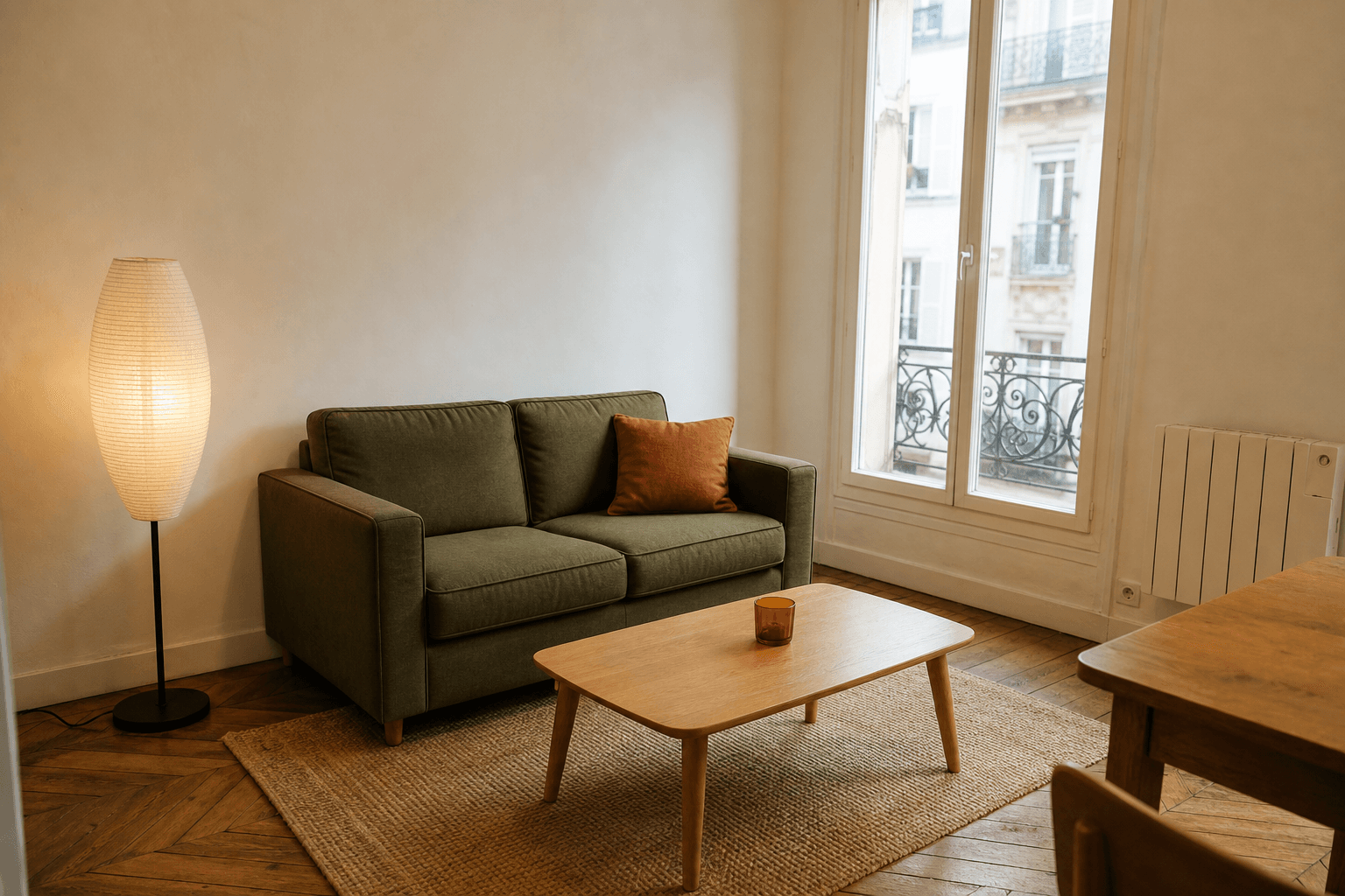 Un petit salon réaménagé : canapé olive, table basse en chêne, lampe sur pied